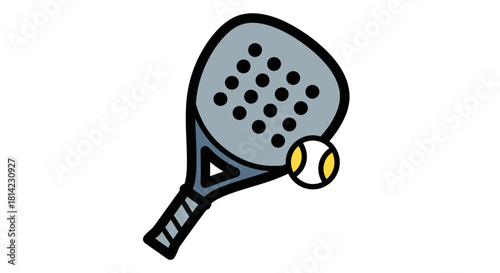 A cartoon illustration of a padel racket and ball, ready for a game.