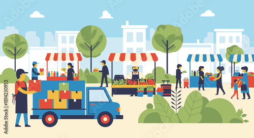 Vibrant outdoor farmers market scene with vendors, shoppers, and a delivery truck unloading goods in a city square.