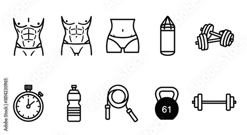 A set of black and white line icons representing fitness, exercise equipment, and athletic bodies.