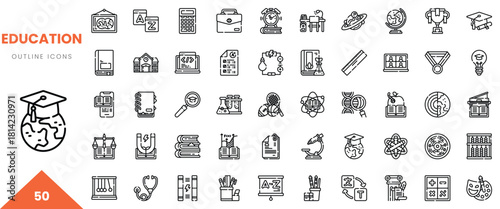 A diverse collection of 50 education-themed outline icons showcasing various learning concepts.
