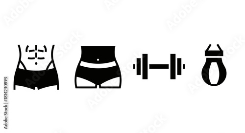 Icons representing fitness, including abs, waist, dumbbell, and punching bag.