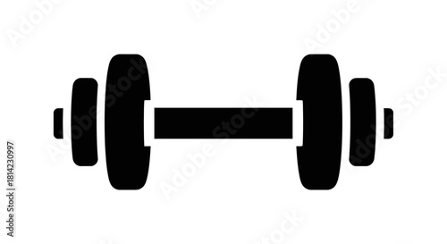 A simple black silhouette icon of a dumbbell for weightlifting and exercise on a white background.