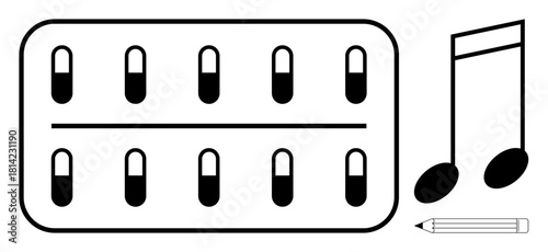 Capsule-filled pill strip alongside musical notes and a pencil. Ideal for health, music, creativity, productivity, education, art, science and wellness. Minimalist design conveys a flat metaphor