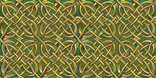 Intricate golden woven pattern against a vibrant green background.