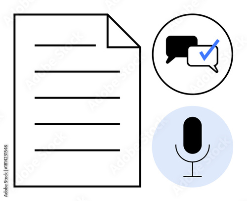 Document with lines, microphone, chat bubbles, and checkmark highlight ideas of communication, transcription, approval, content creation, audio technology productivity and digital tools. Ideal