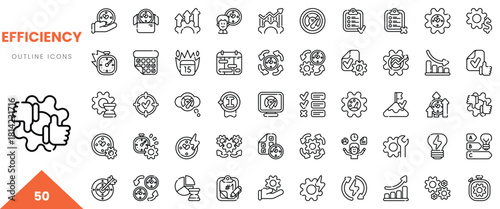 A collection of outline icons representing efficiency concepts, featuring gears, charts, and checklists.