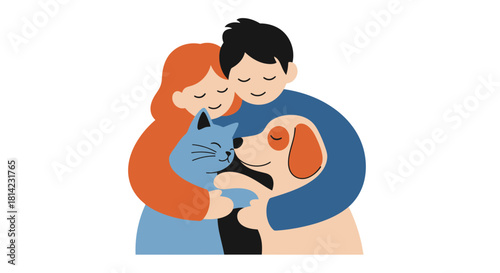 A couple embraces their pets, a cat and dog, in a loving embrace.