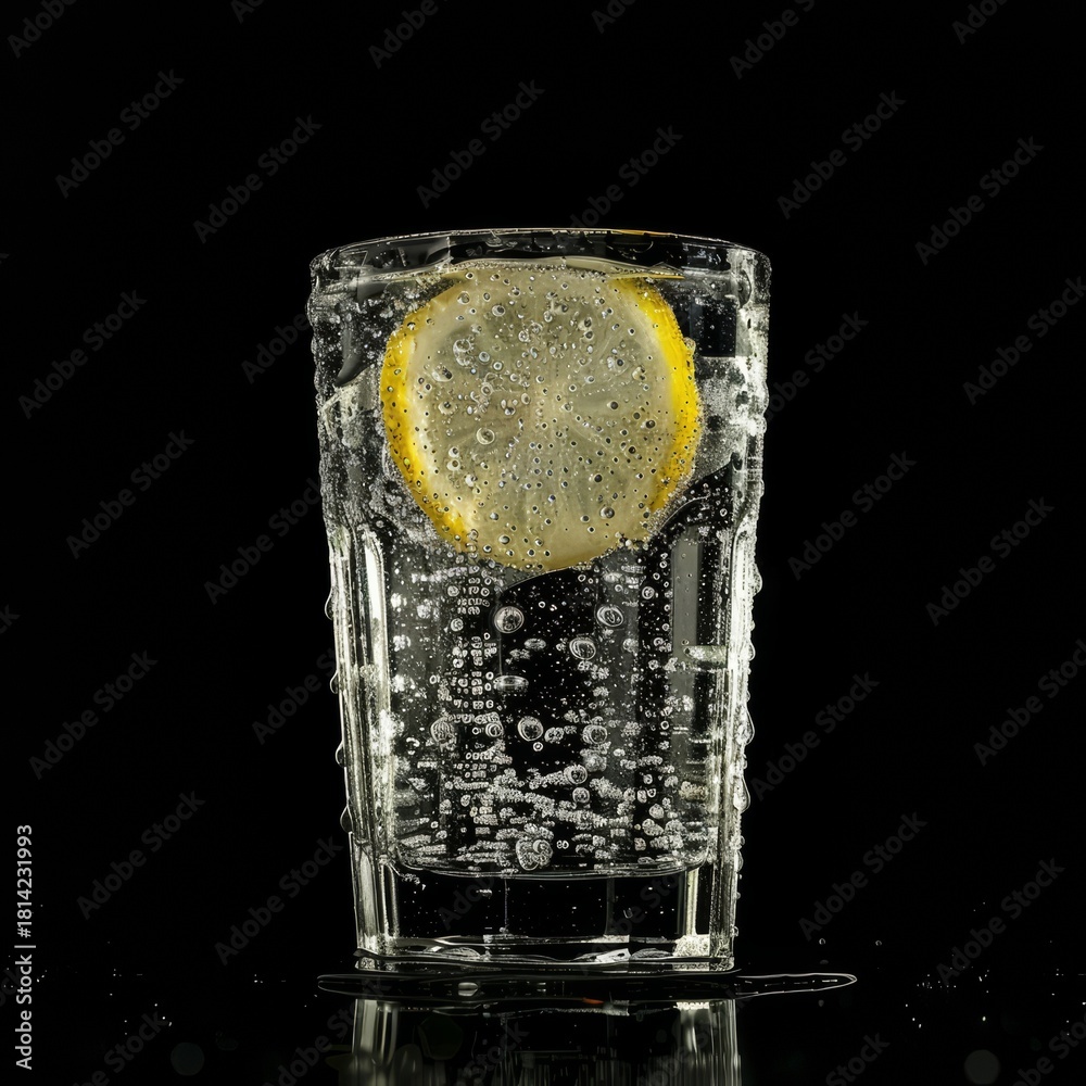 Fototapeta premium Vaso alto de Mojito o Gin Tonic con lima y menta fresca, Bebida refrescante con hielo, rodaja de lima y hierbabuena, Cóctel clásico de verano sobre fondo oscuro con luces bokeh