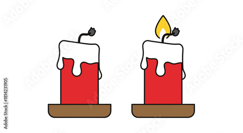 Two cartoon candles, one lit with a flame, the other unlit with a burnt wick, on brown candle holders.