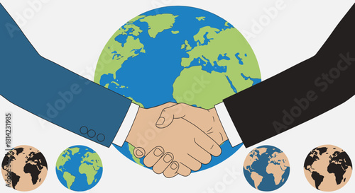 Two people shaking hands in front of a globe, symbolizing global partnership and agreement.