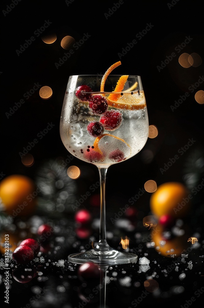 Obraz premium Gin tonic en copa balón con arándanos y rodaja de naranja, fondo oscuro, Mixología elegante: gin tonic con garnish de naranja y arándanos, iluminación de estudio, promoción bartender club