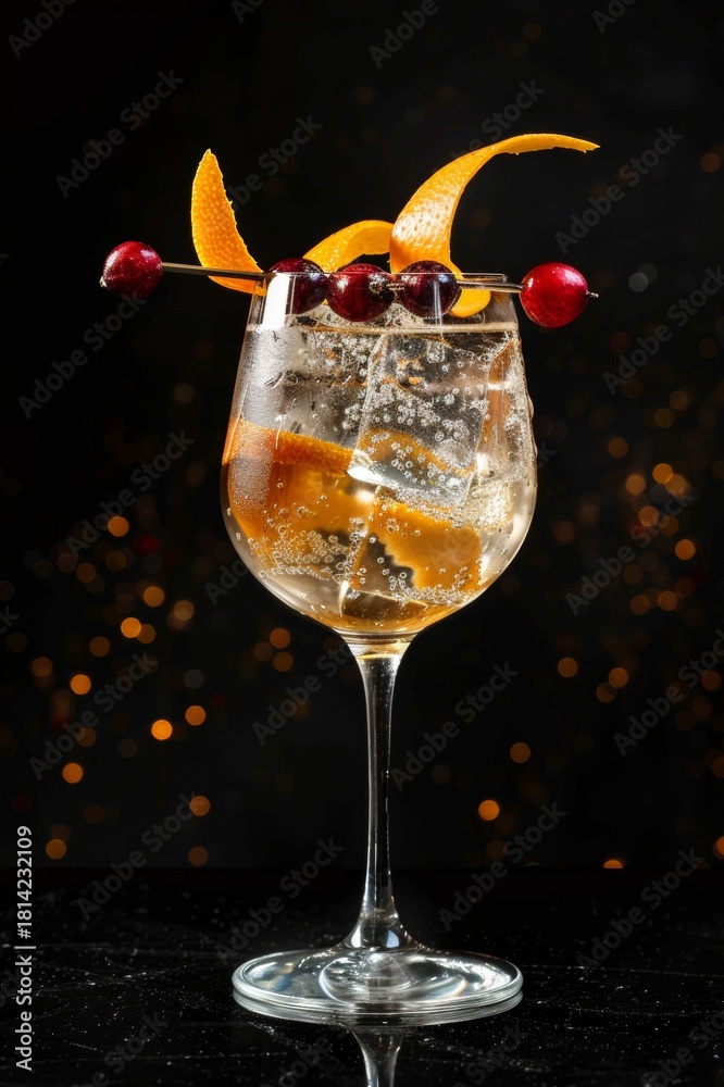 Fototapeta premium Gin tonic en copa balón con arándanos y rodaja de naranja, fondo oscuro, Mixología elegante: gin tonic con garnish de naranja y arándanos, iluminación de estudio, promoción bartender club