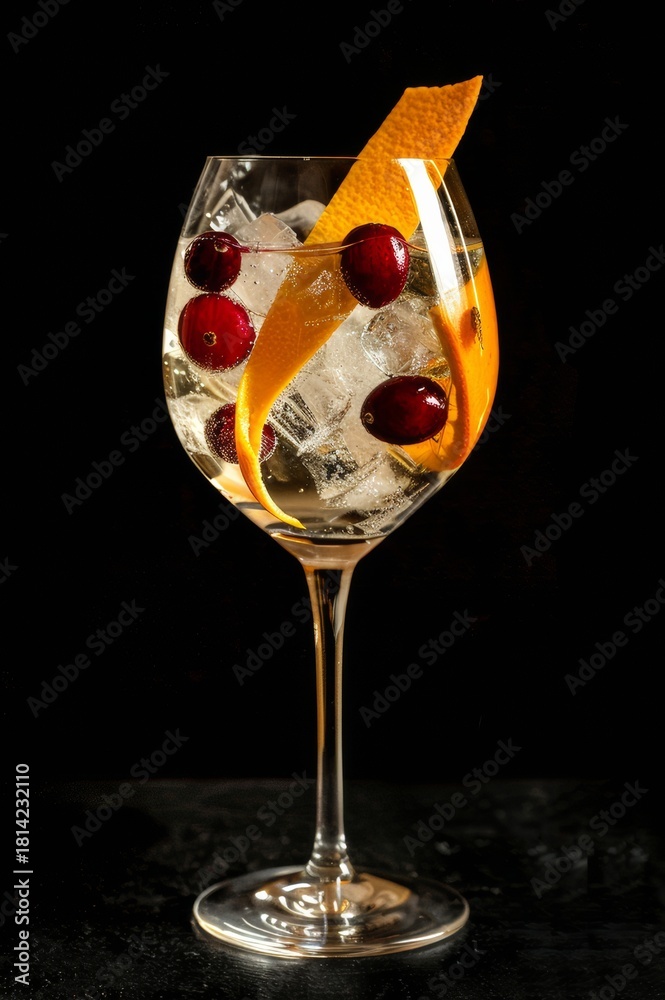 Obraz premium Gin tonic en copa balón con arándanos y rodaja de naranja, fondo oscuro, Mixología elegante: gin tonic con garnish de naranja y arándanos, iluminación de estudio, promoción bartender club