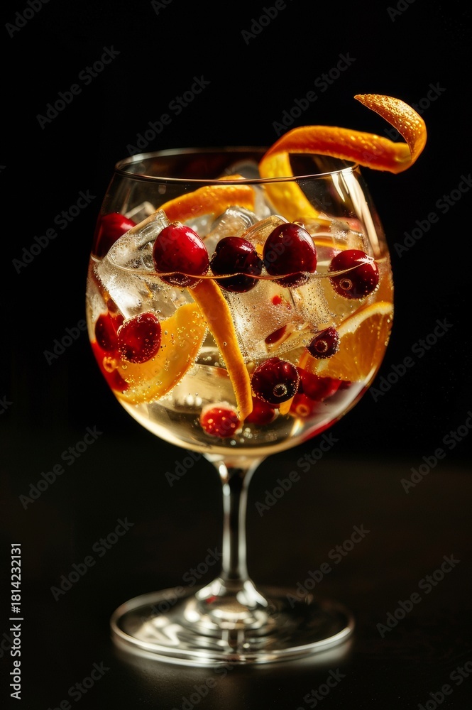 Fototapeta premium Gin tonic en copa balón con arándanos y rodaja de naranja, fondo oscuro, Mixología elegante: gin tonic con garnish de naranja y arándanos, iluminación de estudio, promoción bartender club