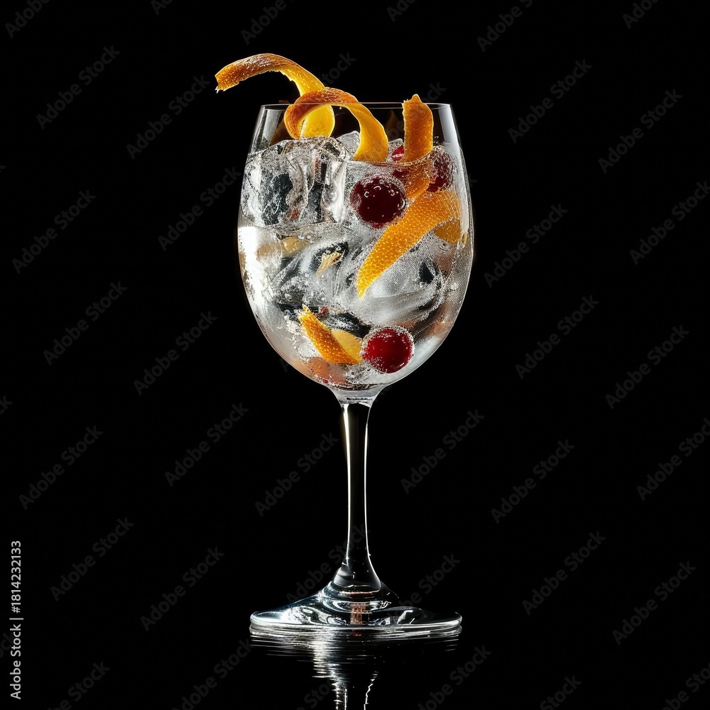 Obraz premium Gin tonic en copa balón con arándanos y rodaja de naranja, fondo oscuro, Mixología elegante: gin tonic con garnish de naranja y arándanos, iluminación de estudio, promoción bartender club