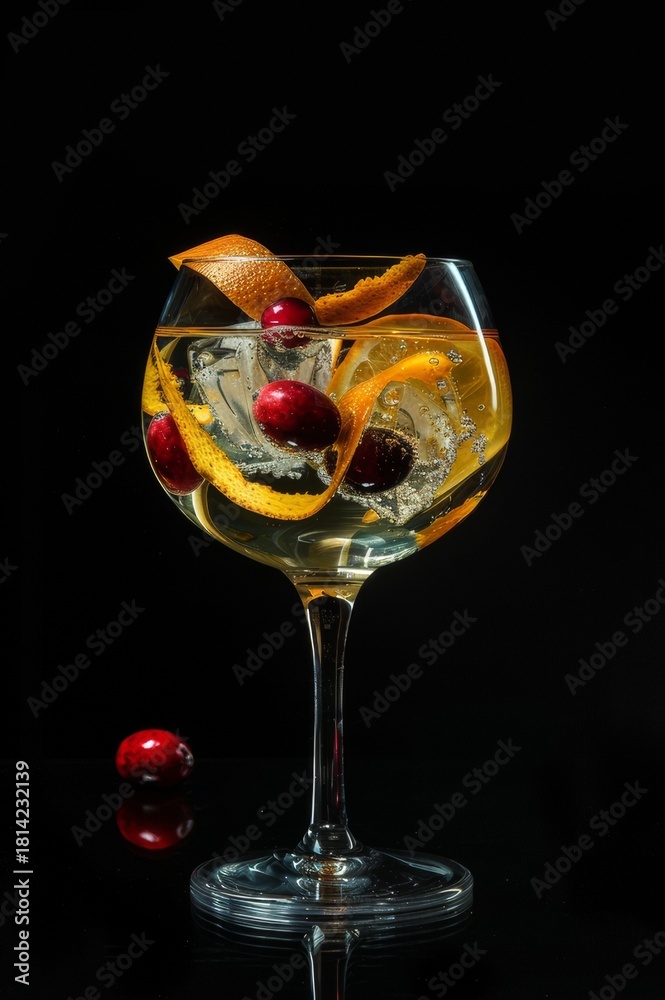 Obraz premium Gin tonic en copa balón con arándanos y rodaja de naranja, fondo oscuro, Mixología elegante: gin tonic con garnish de naranja y arándanos, iluminación de estudio, promoción bartender club