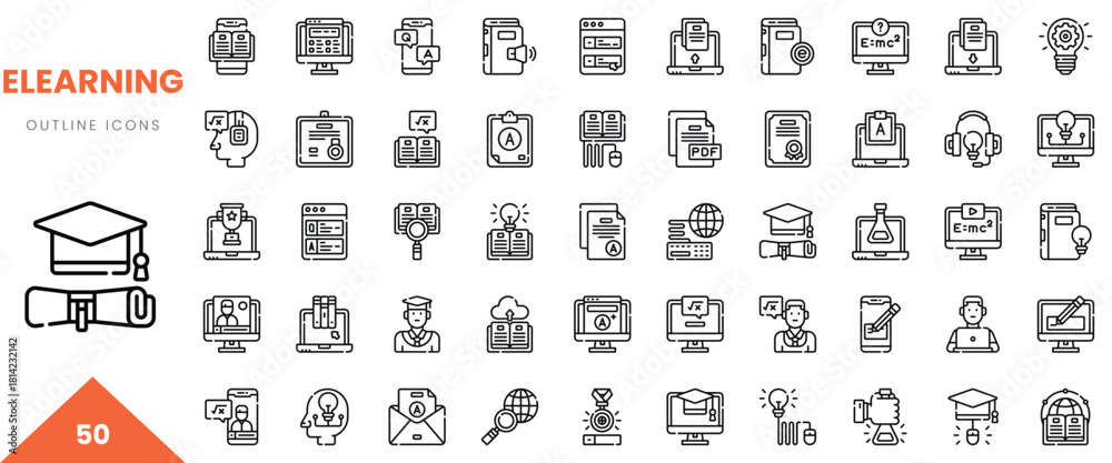 Fototapeta premium A collection of 50 eLearning outline icons representing various educational tools and resources.