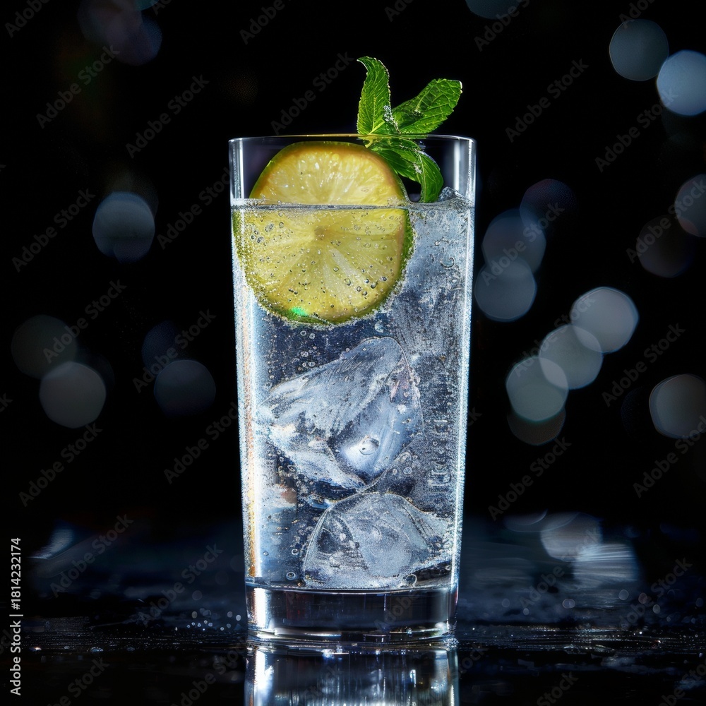 Fototapeta premium Vaso alto de Mojito o Gin Tonic con lima y menta fresca, Bebida refrescante con hielo, rodaja de lima y hierbabuena, Cóctel clásico de verano sobre fondo oscuro con luces bokeh