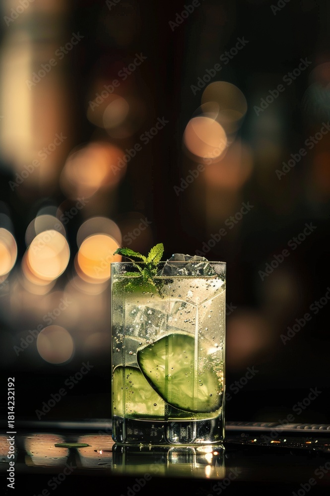 Fototapeta premium Cóctel refrescante de ginebra con rodaja de pepino y hielo, Bebida alcohólica tipo Gin Tonic con pepino en vaso bajo, Copa de verano fresca con garnish de pepino y fondo oscuro