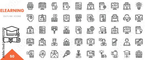 A collection of 50 eLearning outline icons representing various educational tools and resources.