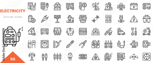 A diverse collection of outlined electricity-related icons representing various devices and tools.