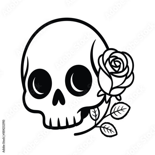 Skull with Rose Outline - Gothic, Romance & Halloween Theme