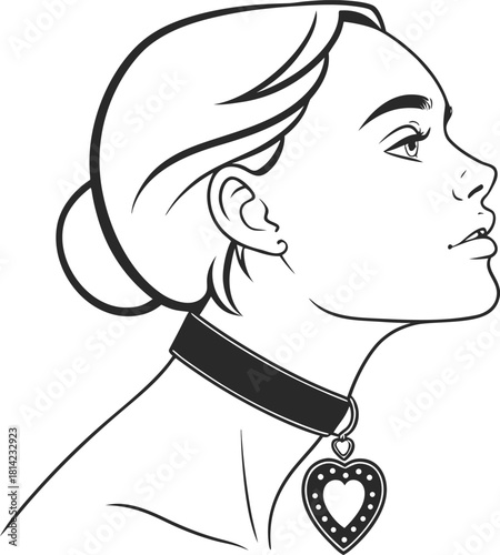 Woman profile line drawing with choker and heart pendant