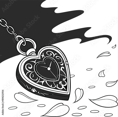 Heart shaped locket with ornate detail and floating petals, vintage style