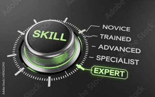 A close up of a skill level knob set to expert with novice trained advanced and specialist levels