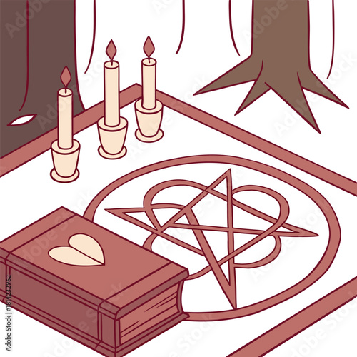 Occult ritual setup with pentagram, book, and candles near tree