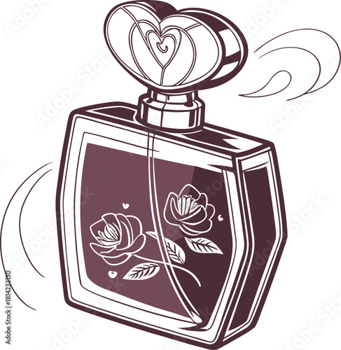 Elegant perfume bottle with heart-shaped stopper and rose design