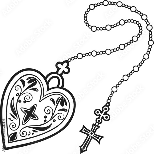 Ornate heart shaped locket with rosary beads and crucifix pendant