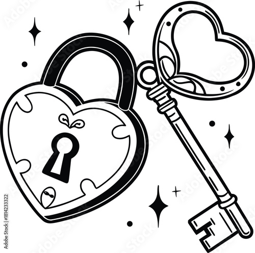 Heart shaped lock and key with sparkles icon graphic