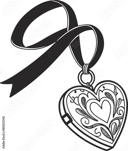 Heart locket with ornate scrollwork and ribbon, isolated on white.