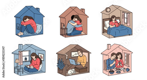 Six illustrations depict people experiencing different emotions and activities while isolated in their homes during a quarantine or lockdown.