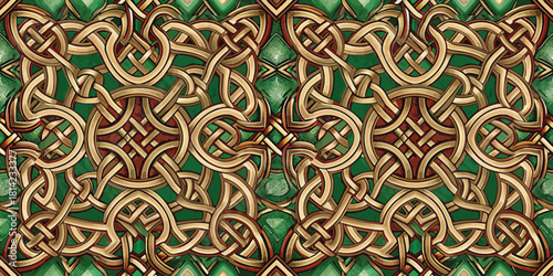 Intricate Celtic knot patterns in green and gold showcase complex artistry and traditional design.