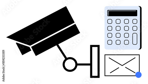 Surveillance camera, calculator, and envelope symbolizing monitoring, digital tools, data privacy, communication, finance, security systems and technology concepts. Ideal for workplace safety