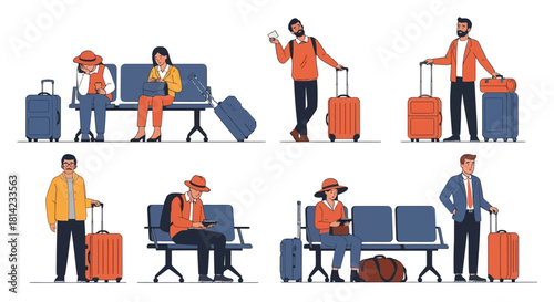 People waiting at an airport or train station with luggage and personal belongings.