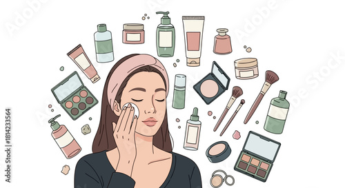 Woman applying makeup with various beauty products surrounding her.