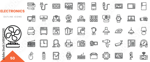 Collection of outline icons representing various electronics in a minimalist style.