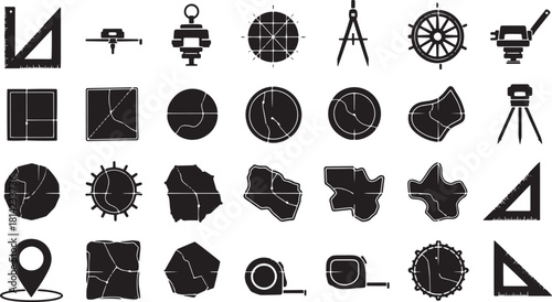 Set of surveying equipment icons simple black and white glyphs for construction and mapping isolated on white background