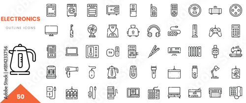 A collection of 50 outline icons representing various electronic devices.