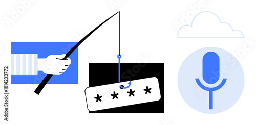 Hand holding fishing rod with hooked password, microphone icon, and cloud symbol. Ideal for cybersecurity, data protection, phishing awareness, hacking, online safety, credentials security simple