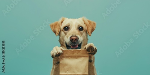 Perrito pequeño con mockup bolsa de papel sobre fondo azul, promoción tienda de mascota, perro feliz con bolsa de papel con espacio para copy