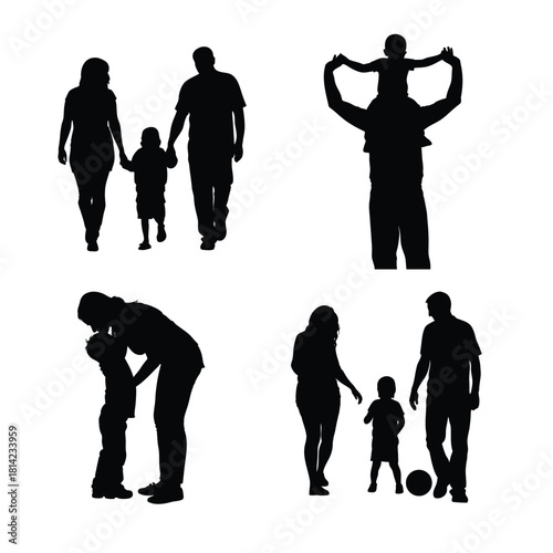 Set of Family Silhouettes of Parents and Child Walking, Piggyback Ride, and Affection 
