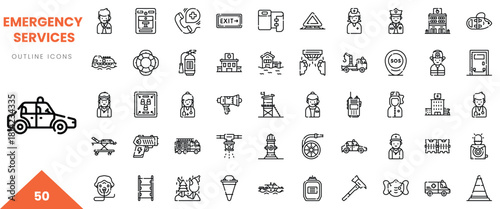 Collection of outline icons representing various emergency services, safety tools, and rescue operations.
