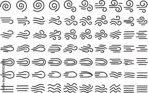 Wind and Air Flow Line Icon Set. Dynamic Motion, Speed, and Energy Abstract Vector Symbols for Weather and Power.