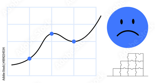 Data analysis concept. Data trends with a growth curve, a sad face icon highlighting problems, and puzzle pieces complexity of integration. For business, analytics, strategy, problem solving