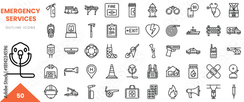 Variety of emergency services outline icons, showcasing essential tools and symbols in black and white.