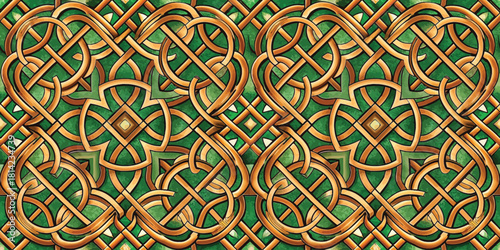 Intricate golden Celtic knot pattern on a rich green background, showcasing elegant design and artistry.